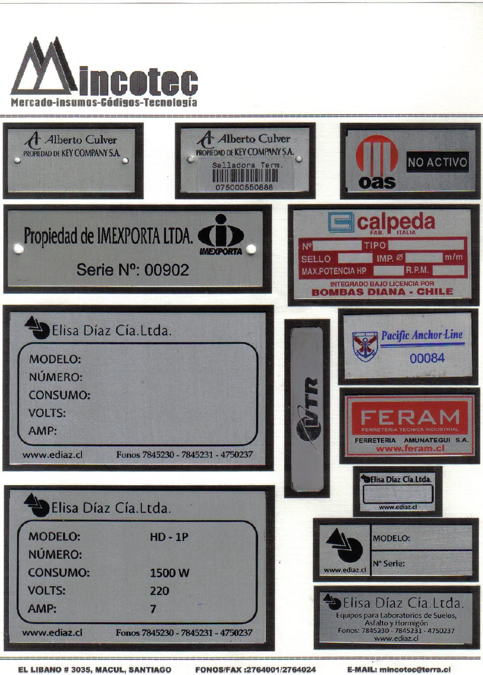 Muestras de placas metálicas MINCOTEC para identificar activos
